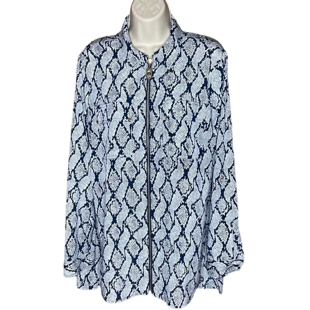 MICHAEL Michael Kors | Blue and White Zip Front Blouse Snakeskin Print L